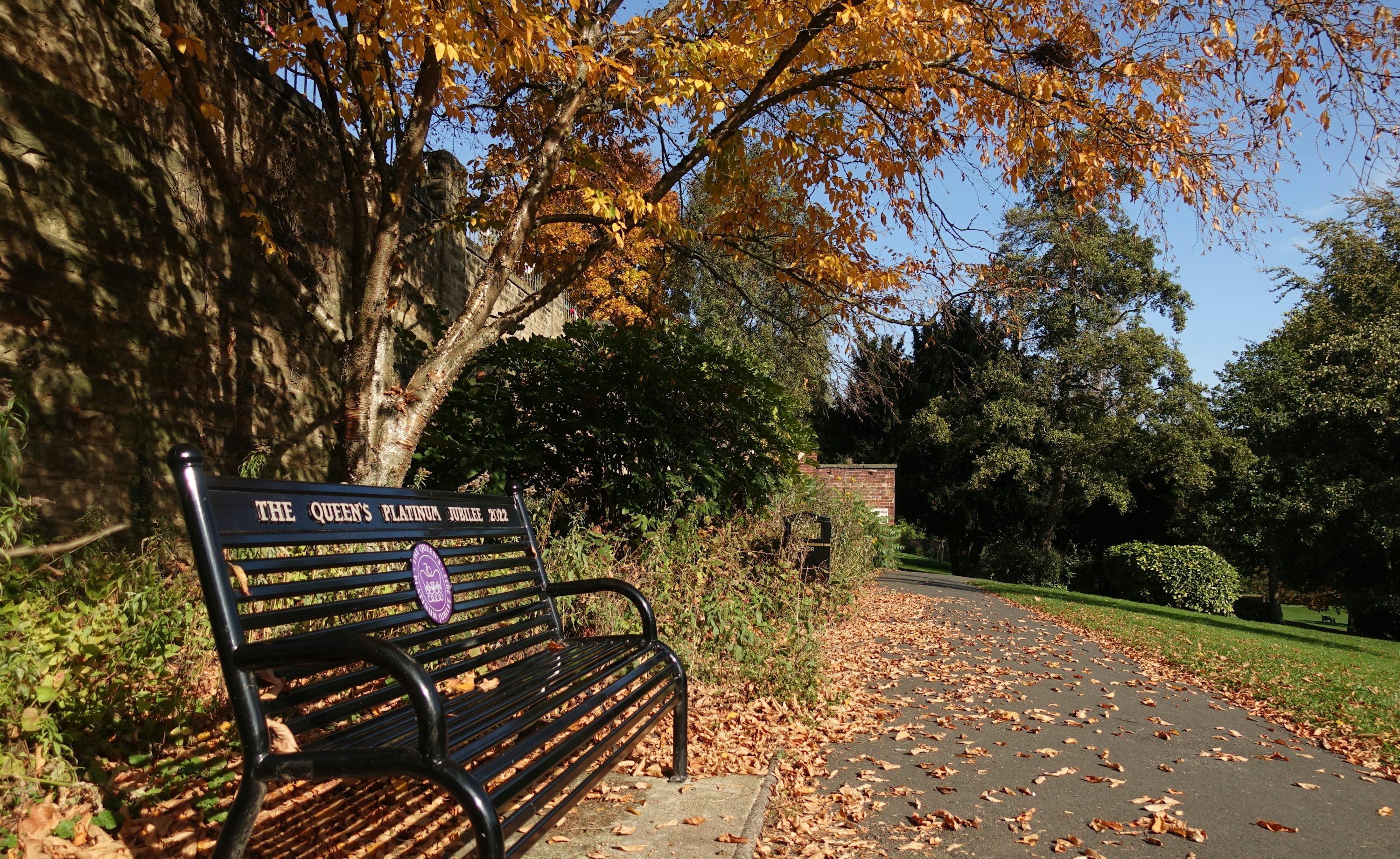 A bench and autumn leaves beside a path in Friarwood Valley Gardens, Pontefract.